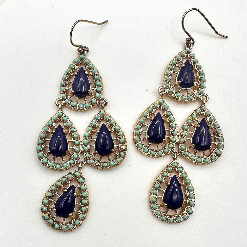 Vintage Y2K Gold Tone Purple Teardrop Beaded Chandelier Earrings Women's Jewelry